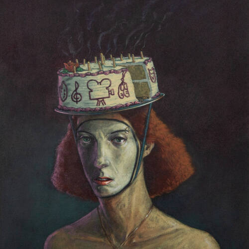 Painting of a figure with red hair, and white painted face like a clown. They also wear a white cake with recently blow-out candles on their head.